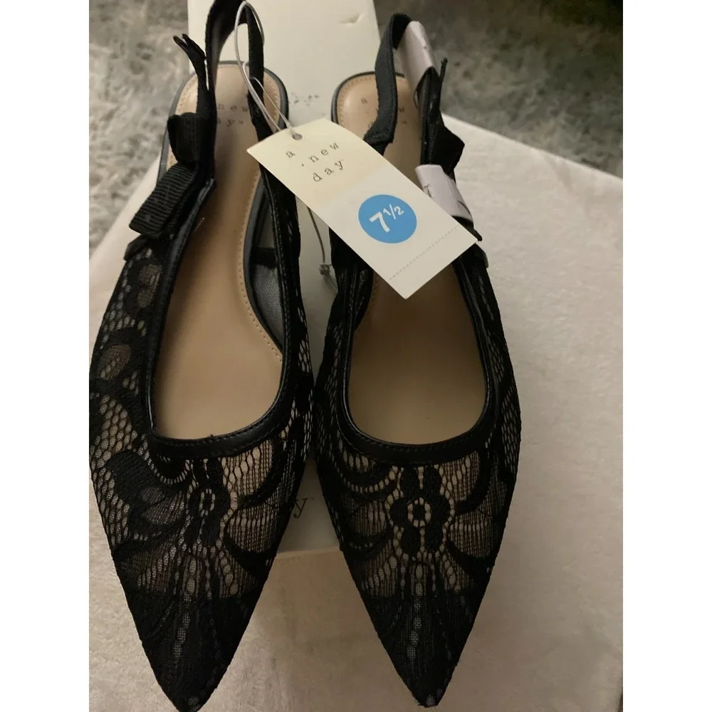 A New Day Women's London Lace Bow Slingback Flats Black Size 7.5